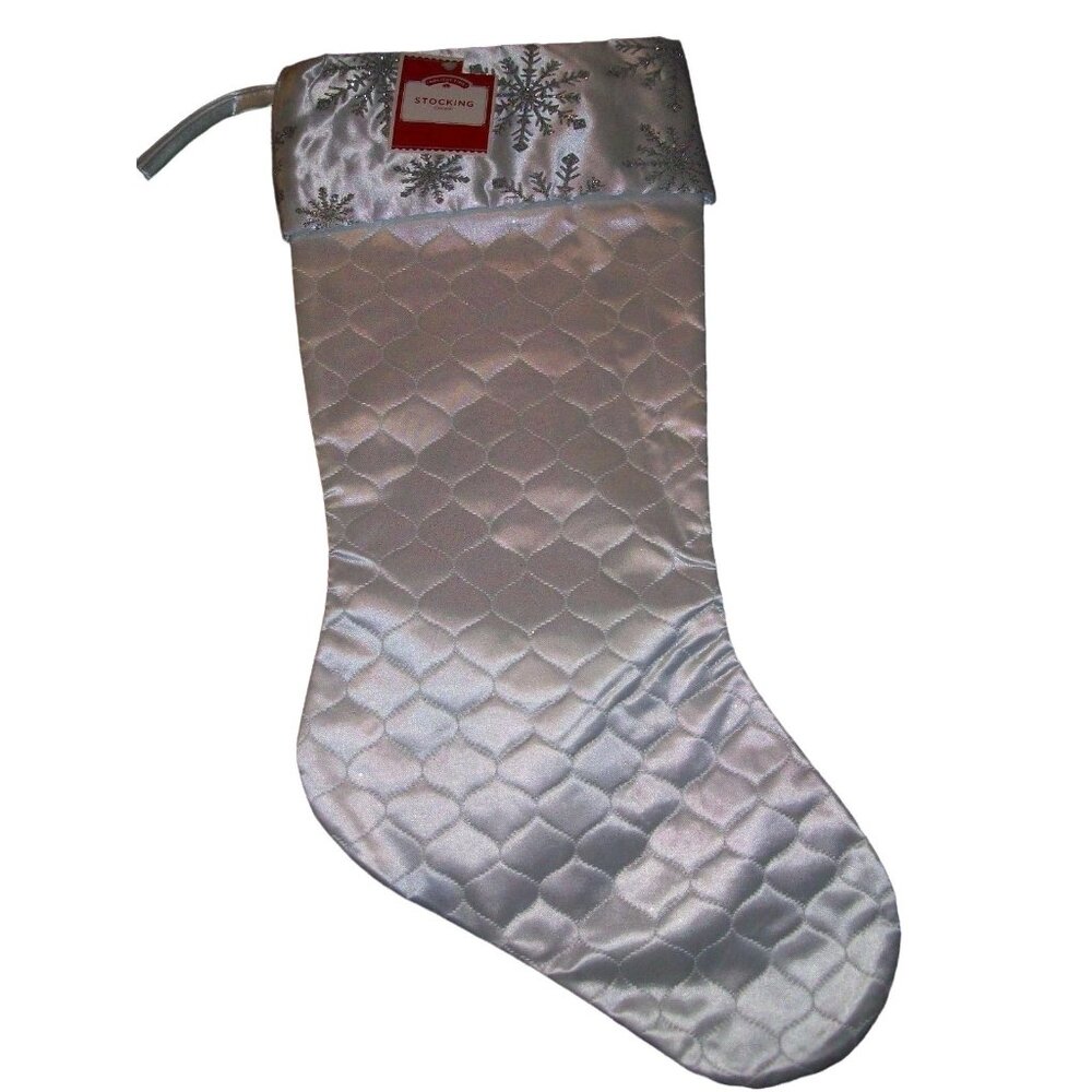 Elegant White Glitter Snowflake Quilted Christmas Stocking Holiday Decoration
